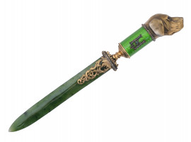 RUSSIAN SILVER JADE DIAMONDS LETTER OPENER KNIFE