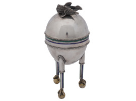 LARGE RUSSIAN SILVER AND ENAMEL EGG CAVIAR SERVER