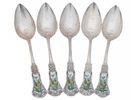 SILVER ENAMEL TEA SPOONS BY GEORG JENSEN, 5 PCS