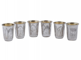 RUSSIAN ENGRAVED GILT SILVER VODKA CUPS, 6 PCS