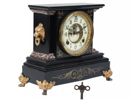 ANTIQUE ANSONIA CAT IRON AND MARBLE MANTEL CLOCK