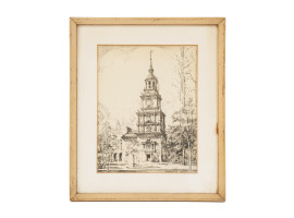 ETCHING OF INDEPENDENCE HALL BY CHARLES SESSLER