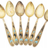 RUSSIAN SOVIET GILT SILVER ENAMEL TEA SPOON SET PIC-0