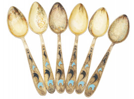 RUSSIAN SOVIET GILT SILVER ENAMEL TEA SPOON SET