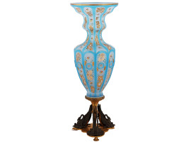 TURQUOISE BLUE OPALINE GLASS VASE WITH SWAN STAND