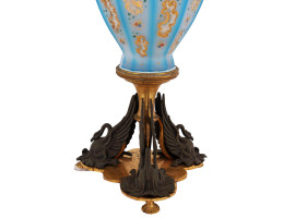 TURQUOISE BLUE OPALINE GLASS VASE WITH SWAN STAND