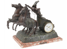 FRENCH FIGURAL ROMAN CHARIOT SPELTER MANTEL CLOCK