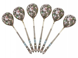 SET OF RUSSIAN 84 GILT SILVER ENAMEL TEA SPOONS