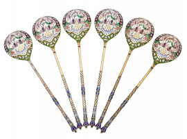 SET OF RUSSIAN 84 GILT SILVER ENAMEL TEA SPOONS