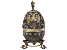 LARGE RUSSIAN GILT SILVER EGG CASKET ON STAND