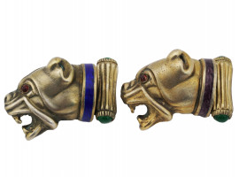 RUSSIAN GILT SILVER GEMSTONES BULLDOG CUFFLINKS