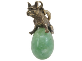 RUSSIAN GILT SILVER JADE DOG FIGURINE EGG PENDANT