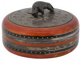 SILVER AND RED GIULLOCHE ENAMEL BOX WITH BUFFALO