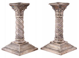 PAIR OF ENGLISH SILVER PLATED COLUMN CANDLESTICKS