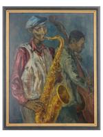 AMERICAN OIL PAINTING JAZZ MEN BY BRUCE MITCHELL