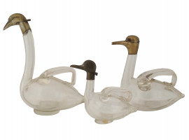 ANTIQUE CZECH DUCK SHAPED GLASS BRASS DECANTERS