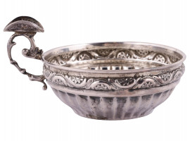 ANTIQUE SILVER TASTEVIN PORRINGER W. COIN, 19TH C