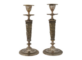 PAIR OF RUSSIAN ENGRAVED SILVER CANDLE STICKS