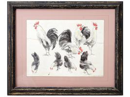 FRAMED 1990S ART PRINT OF ROOSTERS BY W. LINDNER