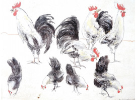 FRAMED 1990S ART PRINT OF ROOSTERS BY W. LINDNER