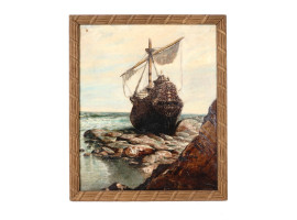 ANTIQUE EUROPEAN SCHOOL SEA SCAPE OIL PAINTING