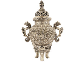 ANTIQUE CHINESE QING SILVER-PLATED BRONZE CENSER