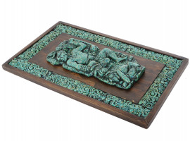 MAYAN COLORED STONE AND RESIN WOOD RELIEF PLAQUE