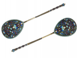 PAIR OF RUSSIAN SILVER AND CLOISONNE ENAMEL SPOON