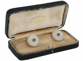 RUSSIAN 14K GOLD, RUBY AND MOONSTONE CUFF LINKS