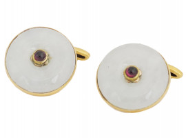 RUSSIAN 14K GOLD, RUBY AND MOONSTONE CUFF LINKS