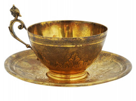 RUSSIAN 84 SILVER GILT TEACUP AND SAUCER