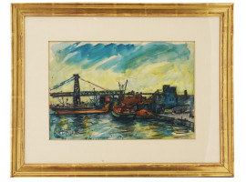 RUSSIAN PORT WATERCOLOR PAINTING BY DAVID BURLIUK