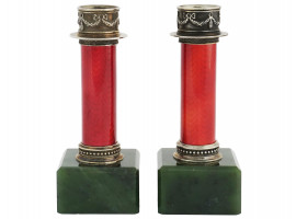 PAIR OF RUSSIAN SILVER ENAMEL JADE CANDLESTICKS