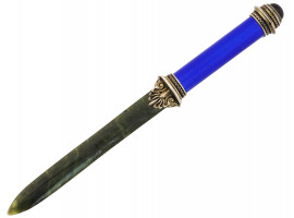 RUSSIAN GILT SILVER ENAMEL AND JADE LETTER OPENER