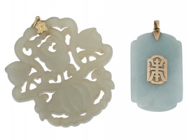 TWO CHINESE 14K GOLD CARVED JADE AMULET PENDANTS