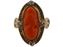 ANTIQUE 14K GOLD DIAMONDS CARVED CORAL CAMEO RING