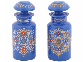 ANTIQUE BLUE OPALINE GILT ENAMEL PERFUME BOTTLES