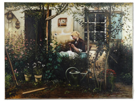 GERMAN LADY GARDEN OIL PAINTING BY FREDERICK BONS