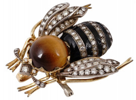 18K GOLD, DIAMOND, TIGER EYE, BEE PIN AND PENDANT