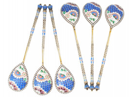 RUSSIAN GILT SILVER CLOISONNE ENAMEL TEA SPOONS