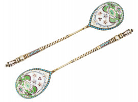 RUSSIAN GILT SILVER CLOISONNE ENAMEL TEA SPOONS