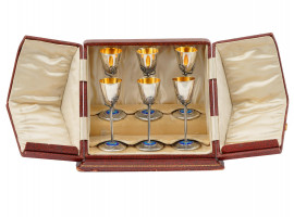 RUSSIAN IMPERIAL SILVER AND ENAMEL VODKA CUPS SET