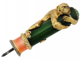 RUSSIAN SILVER JADE ENAMEL MONKEY CANE HANDLE