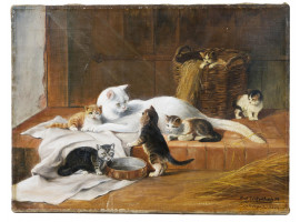 GERMAN PAINTING CAT FAMILY AFTER JULIUS ADAM