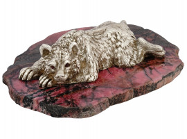 RUSSIAN SILVER BEAR FIGURINE ON RHODONITE BASE