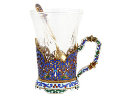 RUSSIAN SILVER ENAMEL TEA GLASS HOLDER WITH SPOON