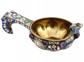 RUSSIAN SILVER GILT ENAMEL AND AMETHYST KOVSH