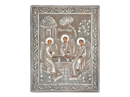 RUSSIAN TRAVEL ICON HOLY TRINITY IN SILVER OKLAD