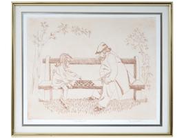 PLAYING CHESS ETCHING SIGNED BY THE ARTIST FRAMED