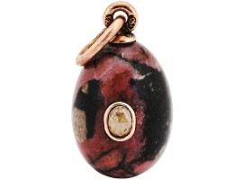 RUSSIAN 14K GOLD RHODONITE DIAMOND EGG PENDANT